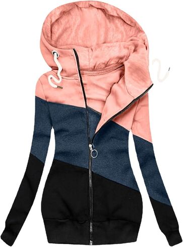 JEsilunmaMY Women's Color Block Slim Hoodies Long Sleeve Zip Up Camo Hooded Sweatshirt Casual Cardigan Jacket Fall Clothes in Saudi Arabia