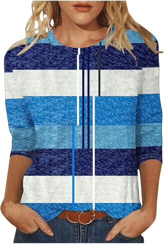Womens Striped Tops Color Block Shirts Plus Size Casual Loose Fit Crewneck Tshirts Spring Summer 3/4 Sleeve Tees in Kuwait