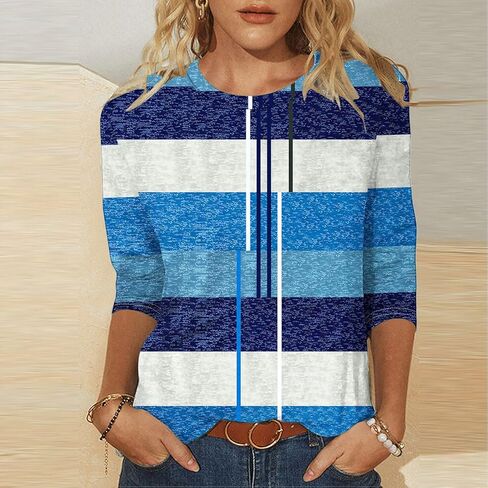 Womens Striped Tops Color Block Shirts Plus Size Casual Loose Fit Crewneck Tshirts Spring Summer 3/4 Sleeve Tees in Kuwait