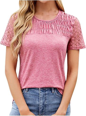 Women's Short Sleeve Dressy Tops Lace Eyelet Pleated Summer Tops Trendy Casual T-Shirts Cute Work Outfits Blouses in Saudi Arabia