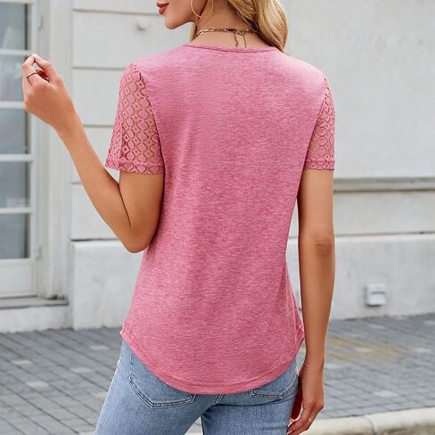 Women's Short Sleeve Dressy Tops Lace Eyelet Pleated Summer Tops Trendy Casual T-Shirts Cute Work Outfits Blouses in Saudi Arabia