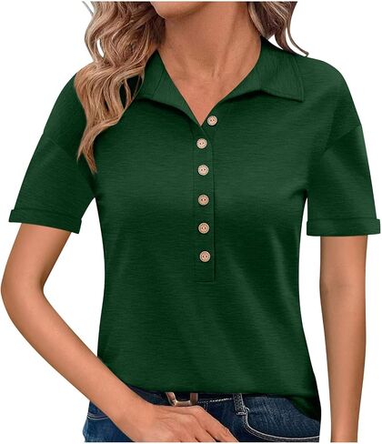 Womens Summer Tops Collared Button V Neck Short Sleeve Shirts Business Work Casual Loose Fit Tshirts Fashion Outfits in Saudi Arabia