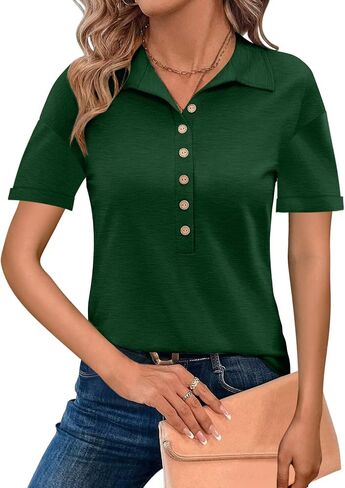 Womens Summer Tops Collared Button V Neck Short Sleeve Shirts Business Work Casual Loose Fit Tshirts Fashion Outfits in Saudi Arabia
