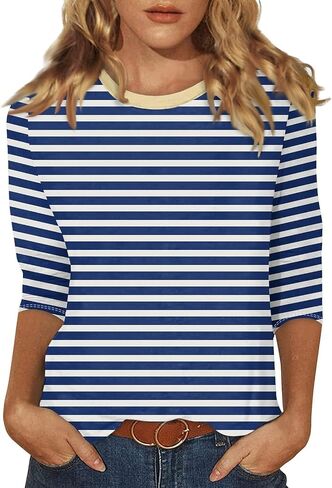 3/4 Length Sleeve Women Tops Round Neck Summer Striped Shirts Dressy Casual Tunic Tops Trendy Blouses in Kuwait