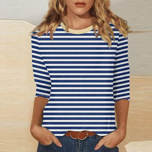 3/4 Length Sleeve Women Tops Round Neck Summer Striped Shirts Dressy Casual Tunic Tops Trendy Blouses in Kuwait
