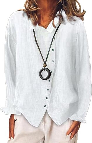 Womens Baggy Breathable Cotton Linen Blouses Long Sleeve Button Lightweight Shirt Tops Solid Color Casual Shirts in Saudi Arabia