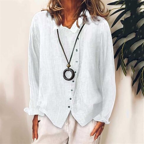 Womens Baggy Breathable Cotton Linen Blouses Long Sleeve Button Lightweight Shirt Tops Solid Color Casual Shirts in Saudi Arabia