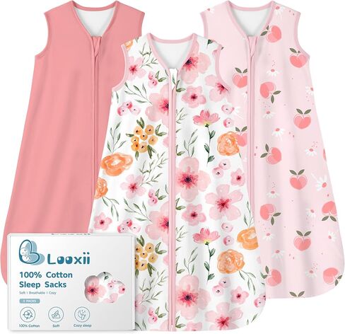 Looxii Baby Sleep Kit 0.5 TOG ، 100 ٪ Cotton 3 حزمة قابلة للارتداء ، حقيبة نوم للأطفال للرضع للرضع الولادة ، سستة ذات اتجاهين خفيفة الوزن ، نوم نوم من 6 إلى 12 شهرًا in Kuwait