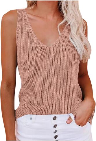Women's Scoop Neck Tank Tops Sleeveless Sweater Vest Summer Causal Loose Fit Hollow Out Crochet Knitted Cami Top in Saudi Arabia