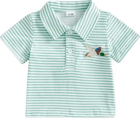 Toddler Baby Boy Summer Clothes Duck Embroidery Shirt Short Sleeve Lapel Collar Striped Casual Hunting T-Shirt Top in Kuwait
