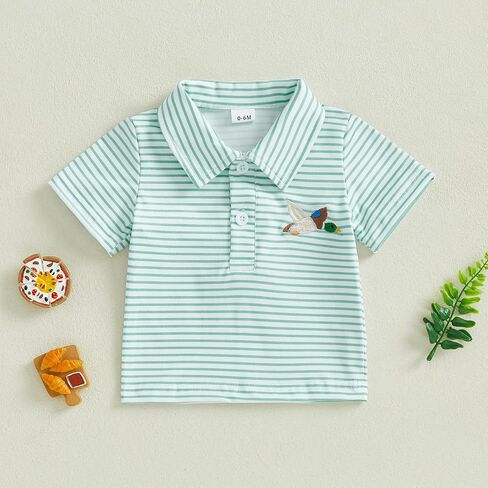 Toddler Baby Boy Summer Clothes Duck Embroidery Shirt Short Sleeve Lapel Collar Striped Casual Hunting T-Shirt Top in Kuwait