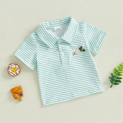 Toddler Baby Boy Summer Clothes Duck Embroidery Shirt Short Sleeve Lapel Collar Striped Casual Hunting T-Shirt Top in Kuwait