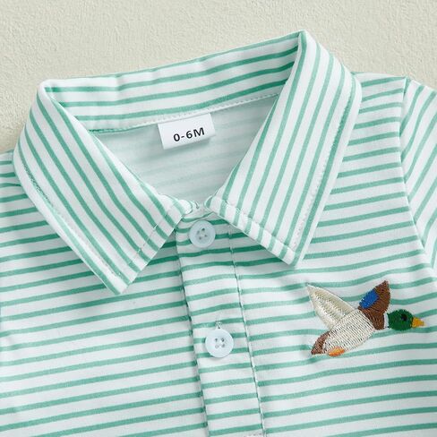Toddler Baby Boy Summer Clothes Duck Embroidery Shirt Short Sleeve Lapel Collar Striped Casual Hunting T-Shirt Top in Kuwait