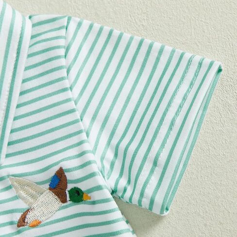 Toddler Baby Boy Summer Clothes Duck Embroidery Shirt Short Sleeve Lapel Collar Striped Casual Hunting T-Shirt Top in Kuwait