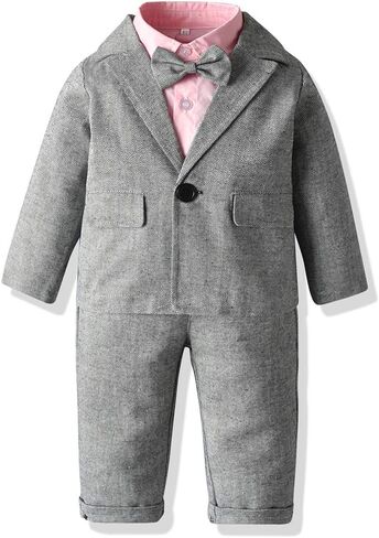 Boys Tuxedo Suits Long Sleeve Bow Tie Shirt+Jacket Outerwear+Suspender+Trousers 4Pcs Outfits Sets Formalwear in Saudi Arabia