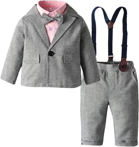Boys Tuxedo Suits Long Sleeve Bow Tie Shirt+Jacket Outerwear+Suspender+Trousers 4Pcs Outfits Sets Formalwear in Saudi Arabia