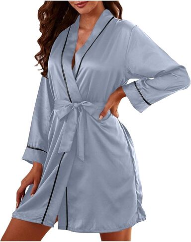 ثوب النوم للسيدات الأكمام الطويلة الساتان رداء الحمام v-neck حزام حزام نوم ليوم in Saudi Arabia