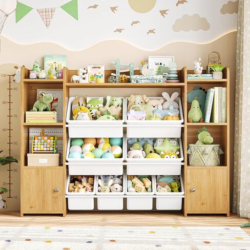 Fotosok 55''large Toy Storage Organizer مع 8 صناديق ألعاب ومنظمين ألعاب وتخزين مع الرف و 6 Cubbies ، رف الكتب للأطفال ، تنظيم غرفة اللعب وصناديق التخزين ، الأبيض in Kuwait