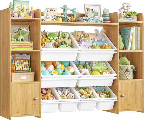 Fotosok 55''large Toy Storage Organizer مع 8 صناديق ألعاب ومنظمين ألعاب وتخزين مع الرف و 6 Cubbies ، رف الكتب للأطفال ، تنظيم غرفة اللعب وصناديق التخزين ، الأبيض in Kuwait