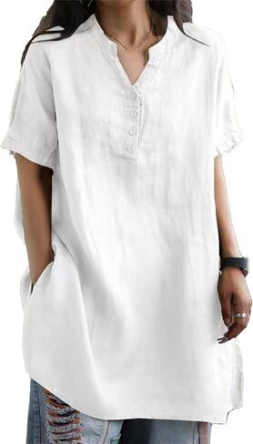 Womens Short Sleeve Cotton Linen Shirts Button V Neck Loose Summer Tops Plus Size Solid Pullover Blouses in Saudi Arabia
