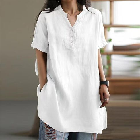 Womens Short Sleeve Cotton Linen Shirts Button V Neck Loose Summer Tops Plus Size Solid Pullover Blouses in Saudi Arabia