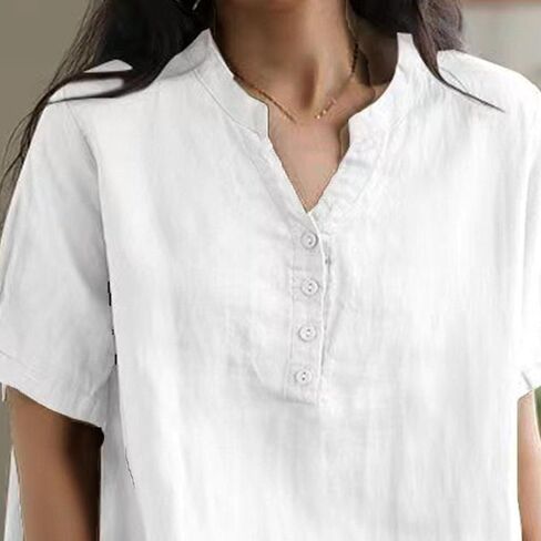 Womens Short Sleeve Cotton Linen Shirts Button V Neck Loose Summer Tops Plus Size Solid Pullover Blouses in Saudi Arabia