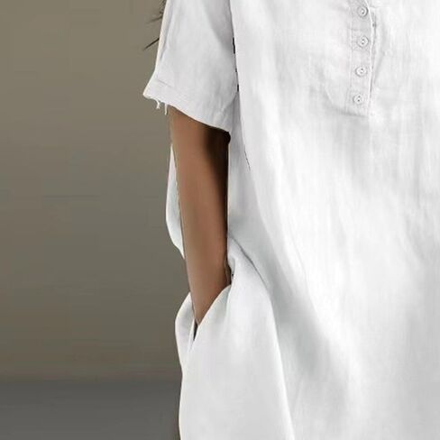 Womens Short Sleeve Cotton Linen Shirts Button V Neck Loose Summer Tops Plus Size Solid Pullover Blouses in Saudi Arabia
