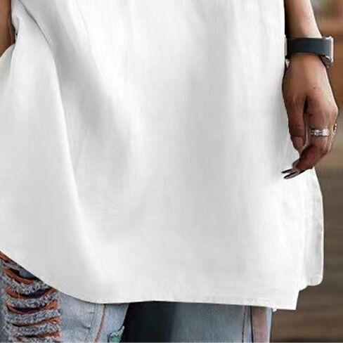 Womens Short Sleeve Cotton Linen Shirts Button V Neck Loose Summer Tops Plus Size Solid Pullover Blouses in Saudi Arabia