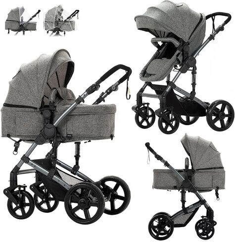 2 in 1 Baby Stroller, Convertible Pram, Reversible Standard Stroller, Portable Baby Buggy, Infant Carriage, Foldable High Landscape Pushchair for Toddler Newborn (225 Black Gold) in Kuwait