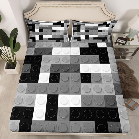 Feelyou Toddler Building Blocks Fitted Sheet Twin Size Kids Toy Brick Bedding Set for Boys Teens Games Bed Sheet Set Breathable Colorful Bed Cover Room Decor in Kuwait