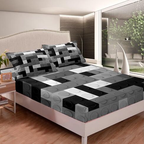 Feelyou Toddler Building Blocks Fitted Sheet Twin Size Kids Toy Brick Bedding Set for Boys Teens Games Bed Sheet Set Breathable Colorful Bed Cover Room Decor in Kuwait