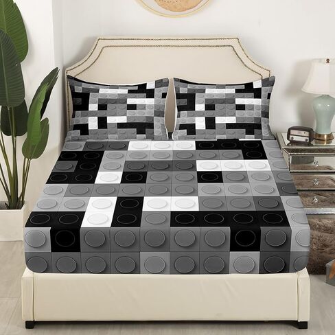 Feelyou Toddler Building Blocks Fitted Sheet Twin Size Kids Toy Brick Bedding Set for Boys Teens Games Bed Sheet Set Breathable Colorful Bed Cover Room Decor in Kuwait