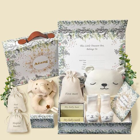Baby Shower Gifts for Mom, Newborn Baby Gift Set for Baby Girl Baby Boy - Keepsake Box with Baby Hat, Rattle Socks, Sensory Development Rattle (Ellie) in Saudi Arabia