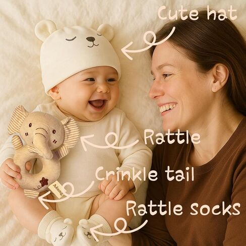 Baby Shower Gifts for Mom, Newborn Baby Gift Set for Baby Girl Baby Boy - Keepsake Box with Baby Hat, Rattle Socks, Sensory Development Rattle (Ellie) in Saudi Arabia
