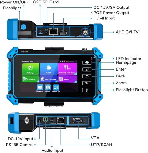 8MP IPC Tester AHD CVI TVI CVBS شاشة التناظرية CCTV اختبار H.265/H.264 4K VGA إدخال RJ45 TDR/UTP اختبار كابل CCTV - اختبار CCTV in Kuwait