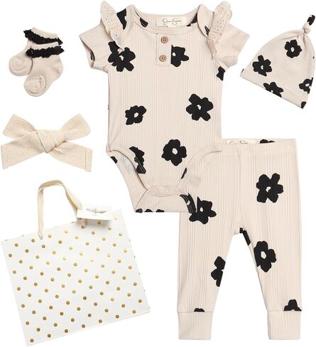 Jessica Simpson Baby Girl Layette Set - 4 Piece Newborn Baby Girl Outfits with Onesie Bodysuit Baby Pants Hat & Socks (0-9M) in Saudi Arabia