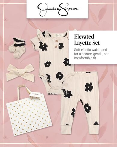 Jessica Simpson Baby Girl Layette Set - 4 Piece Newborn Baby Girl Outfits with Onesie Bodysuit Baby Pants Hat & Socks (0-9M) in Saudi Arabia