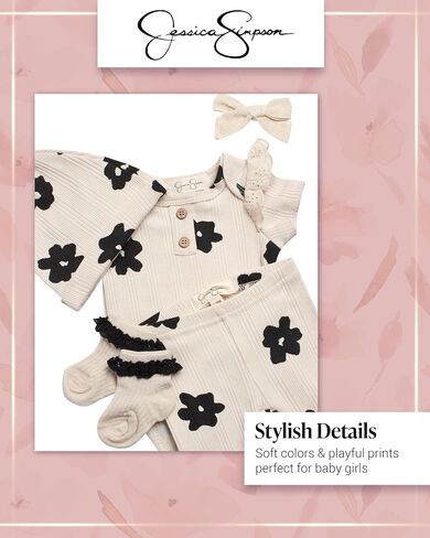 Jessica Simpson Baby Girl Layette Set - 4 Piece Newborn Baby Girl Outfits with Onesie Bodysuit Baby Pants Hat & Socks (0-9M) in Saudi Arabia