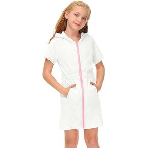 Girl's Swimsuit Zip Up Terrys Cover Up Hooded Bathrobe with Pockets Short Sleeve Bathing Suit Toddler Dress Cardigan (White, 10-11 Years)