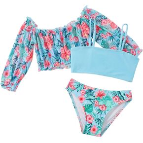 Girls Floral Print Tankini Cover Up Ruffle Crop Long Sleeve Top Swimsuit Kids Straps Beach Bathing Suit