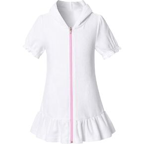 Girls Hooded Zip Terrys Coverups Swim Beach Cover Up Cotton Summer Short Sleeve Bathing Suit Toddler (White, 4-5 Years)