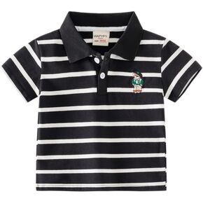 Toddler Baby Boys Short Sleeve Casual Pique Polo Shirt Kids Striped Print Button School Uniform Summer Cute Soft Tops