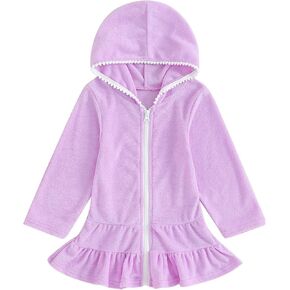 Girls Swim Cover Up Dress Long Sleeve Hooded Zip Up Bathing Suit Swimsuit Wraps Cute Ruffle Coverup Kids Pool Beach