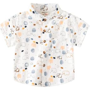 Little Baby Boys Short Sleeve Polo Shirt Open Front Cartoon Print Lapel Button-Down Uniform Tops with Chest Pocket