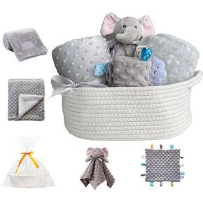 CREVENT Baby Welcome Gift Set Storage Basket with 2 Blankets+ 1 Security Blanket + 1 Taggie + 1 Gift Bag with Ribbon (Ivory)