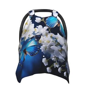 Blue Butterflies White Flowers Baby Car Seat Canopy Cover, Multi Use Breathable Nursing Breastfeeding Covers for Mom Soft Stroller Sun Shade Newborn Shower Gift
