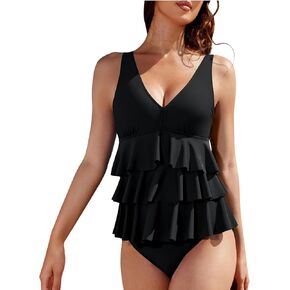 Women's Two Piece Swimsuits Flowy Tankini Bathing Suits Push Up V Neck Swim Top Swimwear with Boy Shorts Beachwear