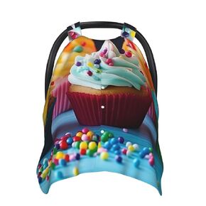 Colorful Happy Birthday Cupcakes Baby Car Seat Canopy Cover, Multi Use Breathable Nursing Breastfeeding Covers for Mom Soft Stroller Sun Shade Newborn Shower Gift