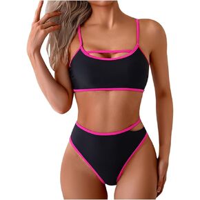 Womem 2 Piece High Waisted Bikini Set Color Block Swimsuit 2025 Spaghetti Straps Summer Sexy Beach Swim Bathing Suit
