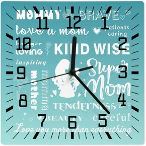 Wall ClockCarnation Mother Baby Battery Operated Clocks Silent Non-Ticking WallClocksuper Mom Turquoise Gradient Square Wall Clocks for Living Room Bedroom Kitchen Office Bathroom Home Decor